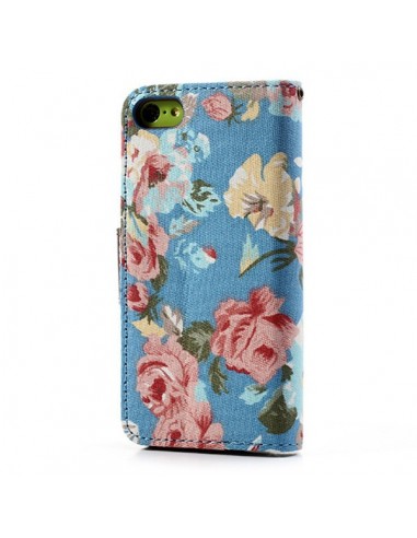 Etui Portefeuille en Jean à Fleurs pour iPhone 5C
