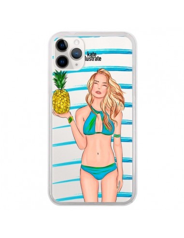 Coque iPhone 11 Pro Malibu Ananas Plage Ete Bleu Transparente - kateillustrate