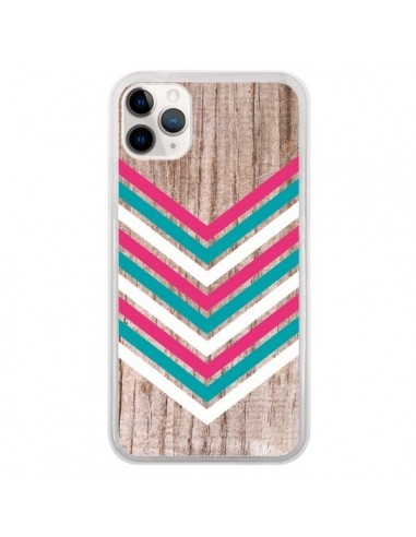 Coque iPhone 11 Pro Tribal Aztèque Bois Wood Flèche Rose Bleu - Laetitia