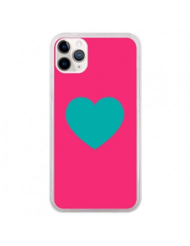 Coque iPhone 11 Pro Coeur Bleu Fond Rose - Laetitia