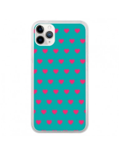 Coque iPhone 11 Pro Coeurs Roses Fond Bleu - Laetitia