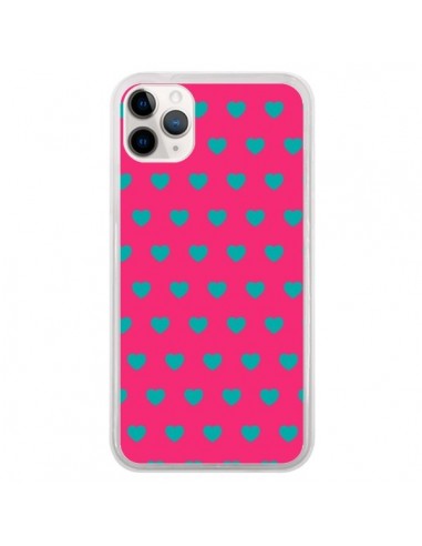 Coque iPhone 11 Pro Coeurs Bleus Fond Rose - Laetitia