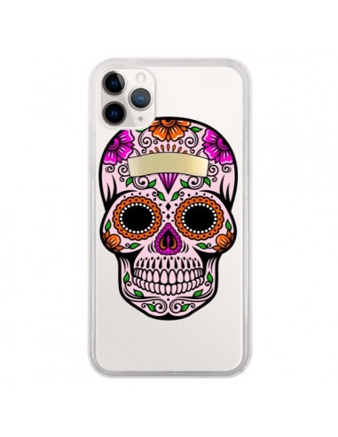 Coque iPhone 11 Pro Tête de Mort Mexicaine Noir Rose Transparente - Laetitia