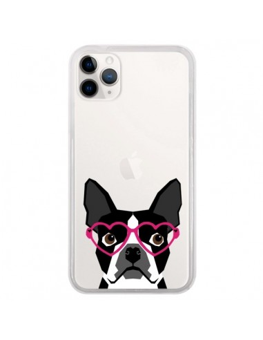 Coque iPhone 11 Pro Boston Terrier Lunettes Coeurs Chien Transparente - Pet Friendly