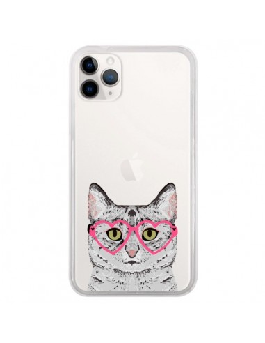 Coque iPhone 11 Pro Chat Gris Lunettes Coeurs Transparente - Pet Friendly