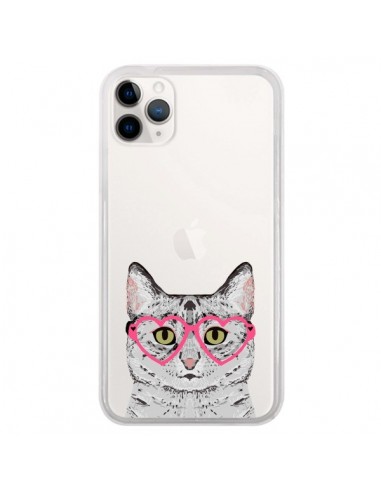 Coque iPhone 11 Pro Chat Gris Lunettes Coeurs Transparente - Pet Friendly