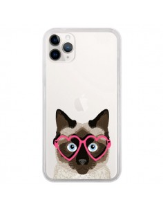 Coque iPhone 11 Pro Chat Marron Lunettes Coeurs...