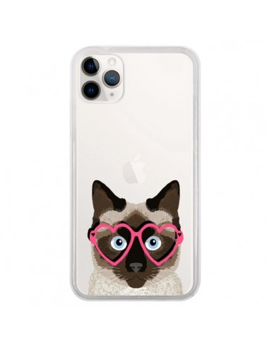 Coque iPhone 11 Pro Chat Marron Lunettes Coeurs Transparente - Pet Friendly