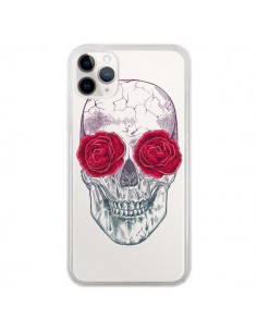 Coque iPhone 11 Pro Tête de Mort Rose Fleurs Transparente...
