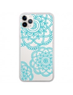 Coque iPhone 11 Pro Mandala Bleu Aqua Doodle Flower...