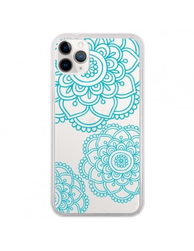Coque iPhone 11 Pro Mandala Bleu Aqua Doodle Flower Transparente - Sylvia Cook