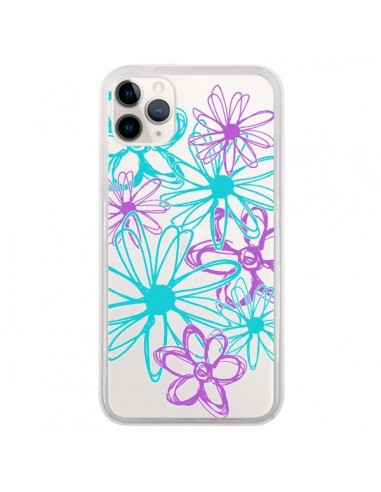Coque iPhone 11 Pro Turquoise and Purple Flowers Fleurs Violettes Transparente - Sylvia Cook