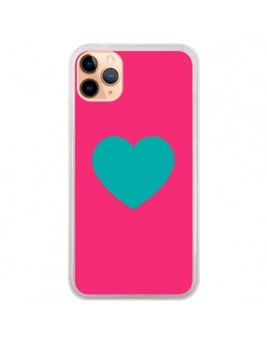 Coque iPhone 11 Pro Max Coeur Bleu Fond Rose - Laetitia