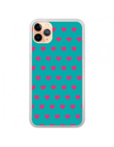 Coque iPhone 11 Pro Max Coeurs Roses Fond Bleu - Laetitia