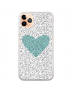 Coque iPhone 11 Pro Max Coeur Bleu Vert Argent Love -...