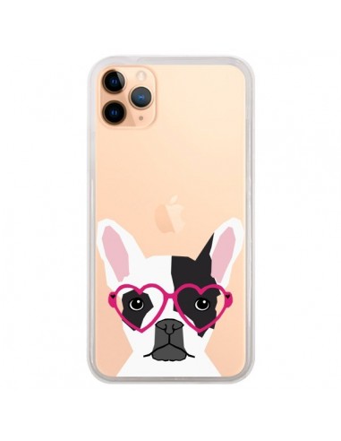 Coque iPhone 11 Pro Max Bulldog Français Lunettes Coeurs Chien Transparente - Pet Friendly