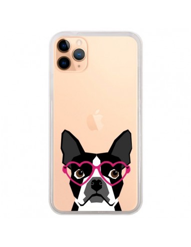 Coque iPhone 11 Pro Max Boston Terrier Lunettes Coeurs Chien Transparente - Pet Friendly