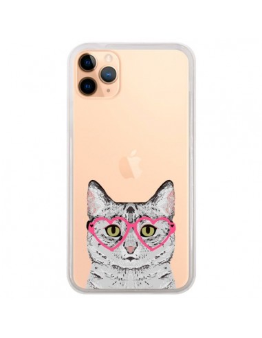 Coque iPhone 11 Pro Max Chat Gris Lunettes Coeurs Transparente - Pet Friendly