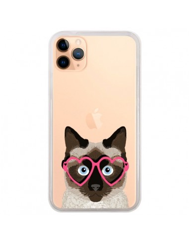 Coque iPhone 11 Pro Max Chat Marron Lunettes Coeurs Transparente - Pet Friendly