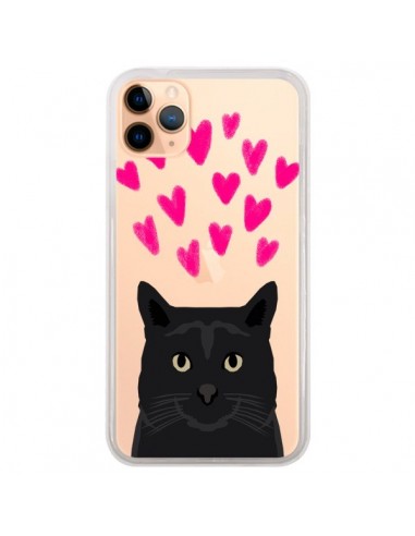 Coque iPhone 11 Pro Max Chat Noir Coeurs Transparente - Pet Friendly