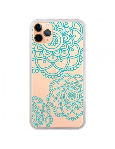 Coque iPhone 11 Pro Max Mandala Bleu Aqua Doodle Flower Transparente - Sylvia Cook