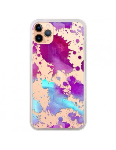 Coque iPhone 11 Pro Max Watercolor Splash Taches Bleu Violet Transparente - Sylvia Cook