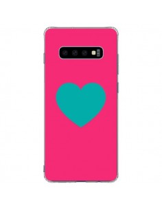 Coque Samsung S10 Plus Coeur Bleu Fond Rose - Laetitia