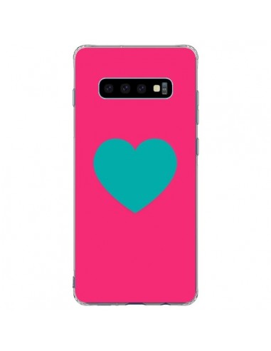 Coque Samsung S10 Plus Coeur Bleu Fond Rose - Laetitia