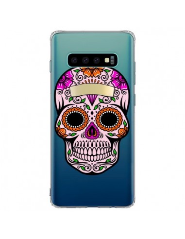 Coque Samsung S10 Plus Tête de Mort Mexicaine Noir Rose Transparente - Laetitia