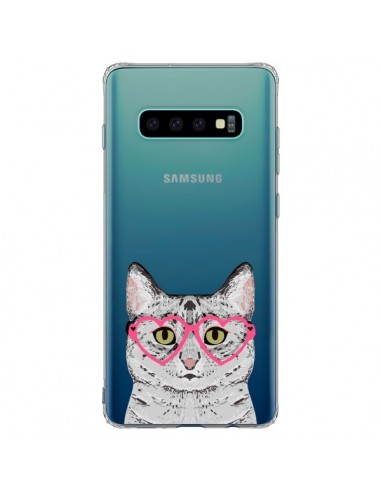 Coque Samsung S10 Plus Chat Gris Lunettes Coeurs Transparente - Pet Friendly