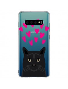 Coque Samsung S10 Plus Chat Noir Coeurs Transparente -...