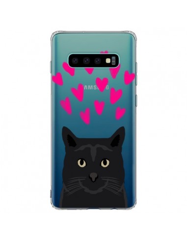 Coque Samsung S10 Plus Chat Noir Coeurs Transparente - Pet Friendly