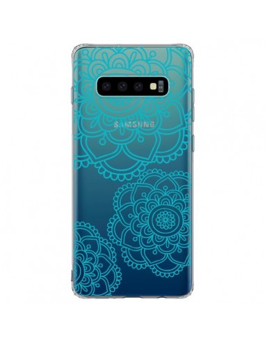 Coque Samsung S10 Plus Mandala Bleu Aqua Doodle Flower Transparente - Sylvia Cook