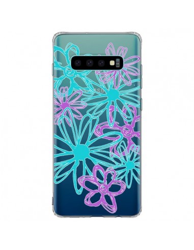 Coque Samsung S10 Plus Turquoise and Purple Flowers Fleurs Violettes Transparente - Sylvia Cook