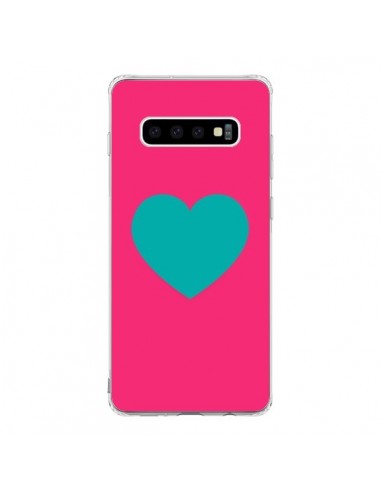 Coque Samsung S10 Coeur Bleu Fond Rose - Laetitia