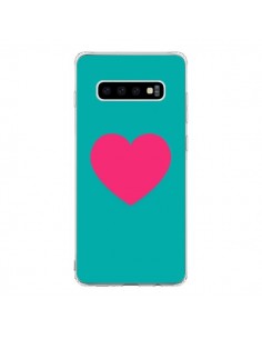 Coque Samsung S10 Coeur Rose Fond Bleu  - Laetitia
