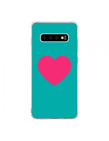 Coque Samsung S10 Coeur Rose Fond Bleu  - Laetitia