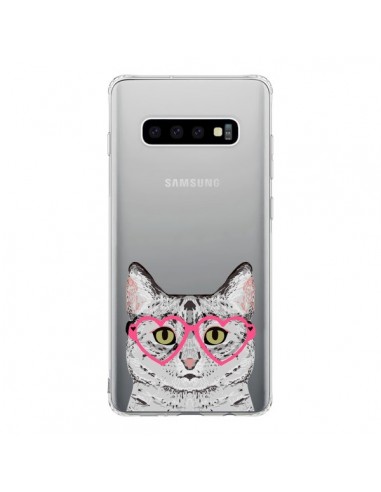 Coque Samsung S10 Chat Gris Lunettes Coeurs Transparente - Pet Friendly
