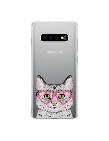 Coque Samsung S10 Chat Gris Lunettes Coeurs Transparente - Pet Friendly