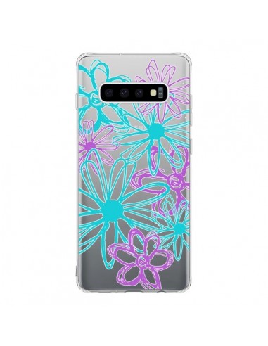 Coque Samsung S10 Turquoise and Purple Flowers Fleurs Violettes Transparente - Sylvia Cook