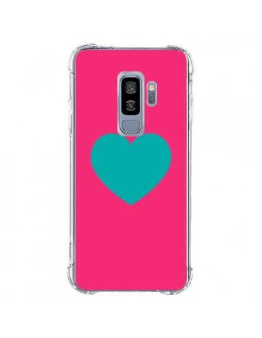 Coque Samsung S9 Plus Coeur Bleu Fond Rose - Laetitia