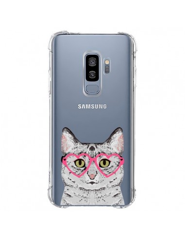 Coque Samsung S9 Plus Chat Gris Lunettes Coeurs Transparente - Pet Friendly