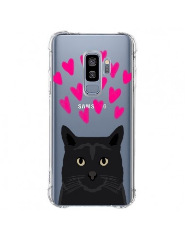 Coque Samsung S9 Plus Chat Noir Coeurs Transparente - Pet Friendly