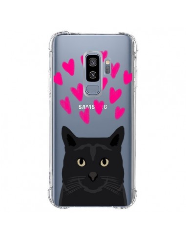 Coque Samsung S9 Plus Chat Noir Coeurs Transparente - Pet Friendly