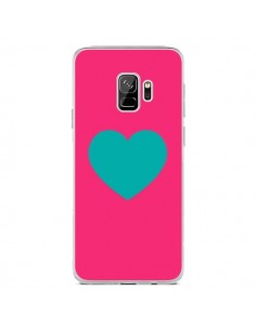 Coque Samsung S9 Coeur Bleu Fond Rose - Laetitia