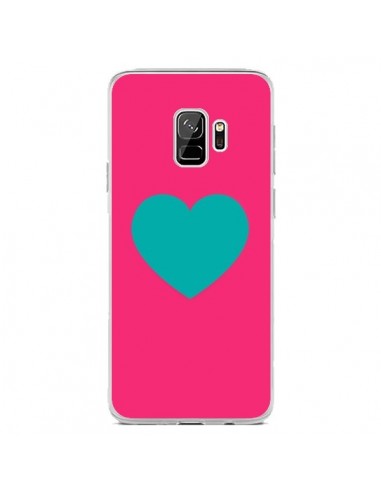 Coque Samsung S9 Coeur Bleu Fond Rose - Laetitia