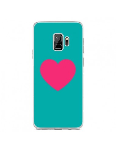 Coque Samsung S9 Coeur Rose Fond Bleu  - Laetitia