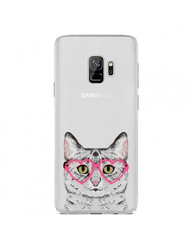 Coque Samsung S9 Chat Gris Lunettes Coeurs Transparente - Pet Friendly