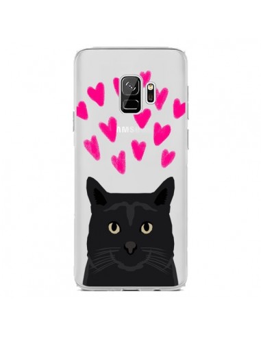 Coque Samsung S9 Chat Noir Coeurs Transparente - Pet Friendly