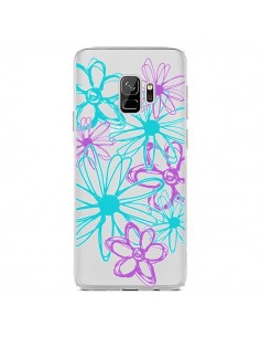 Coque Samsung S9 Turquoise and Purple Flowers Fleurs...